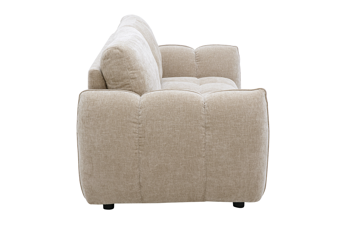 Canap� design 3 places en tissu effet velours textur� taupe, vue de profil.