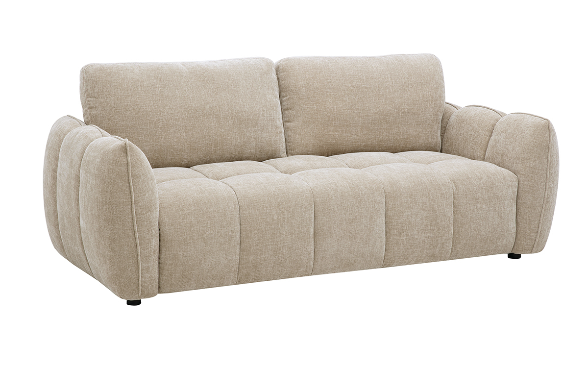 Canap� design 3 places taupe, vue de 3/4, avec assise capitonn�e et formes arrondies.