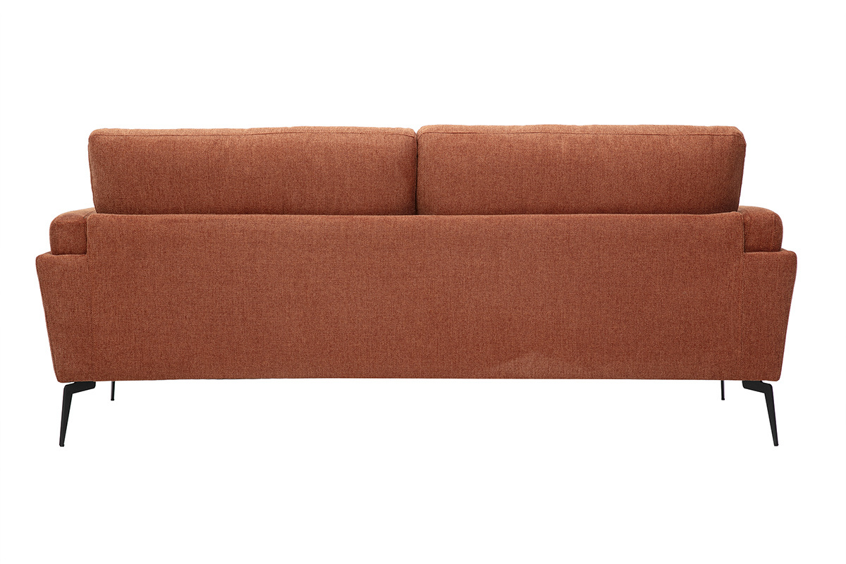 Vue de dos du canap� design 3 places en tissu effet velours textur� terre br�l�e et m�tal noir MOSCO.
