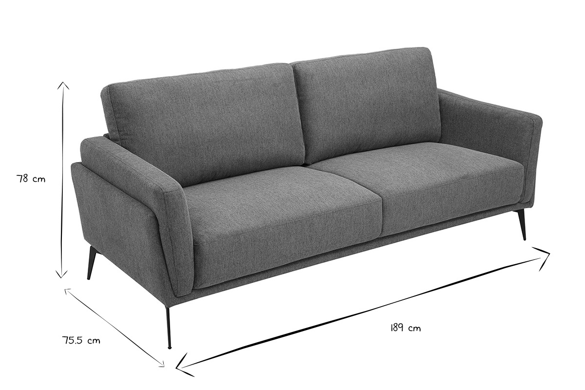 Dimensions du canap� design 3 places MOSCO en noir et blanc, 189 cm de long, 75,5 cm de large, 78 cm de haut.