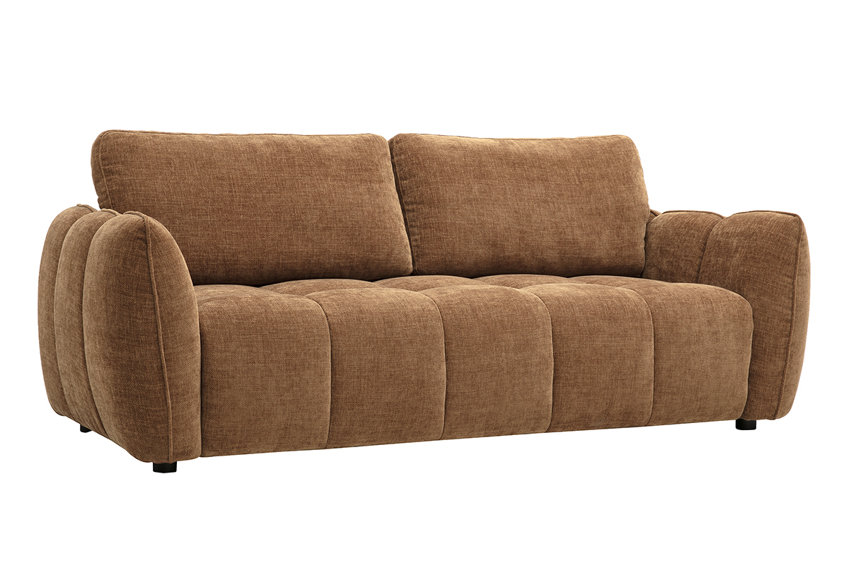Canap� design 3 places en tissu effet velours textur� terre br�l�e, vu de 3/4.
