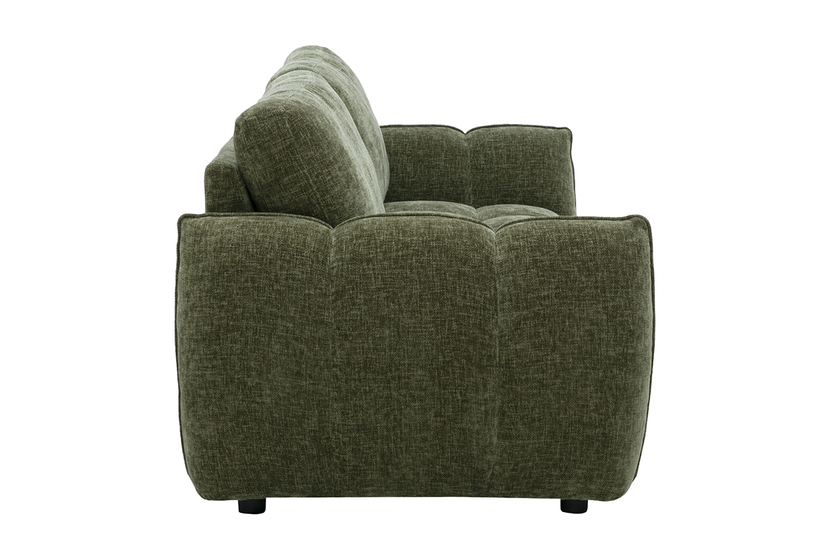 Canap� design 3 places vert kaki, vue de profil avec assise capitonn�e.