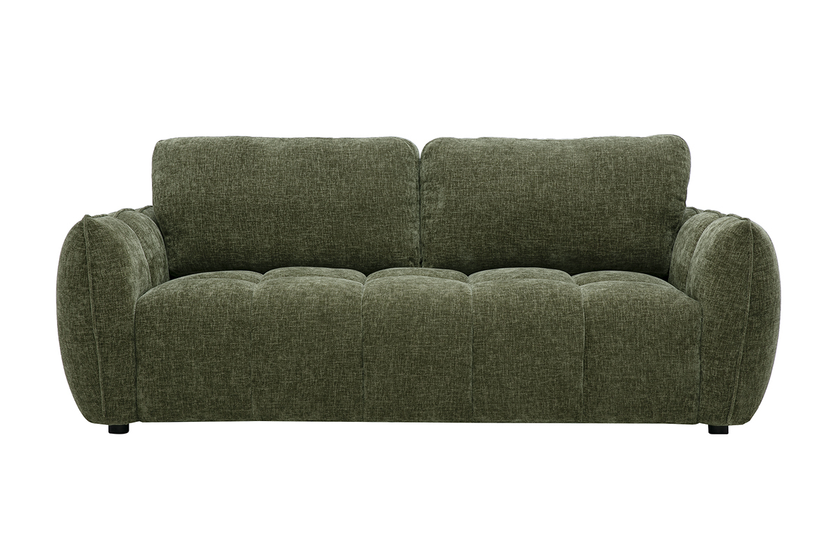 Canap� design 3 places en tissu effet velours textur� vert kaki, vue de face.