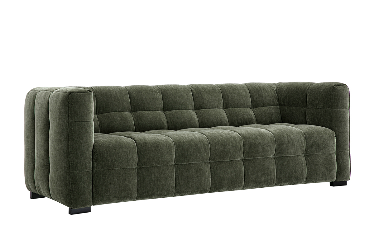 Canap design 3 places en tissu effet velours vert kaki CORTO