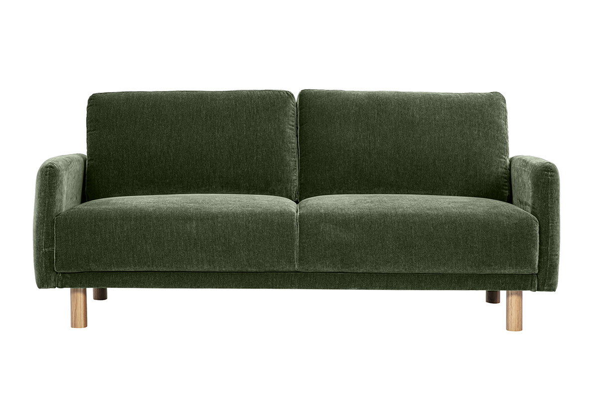 Canap� 3 places vert kaki effet velours, pieds bois clair, vue de face.