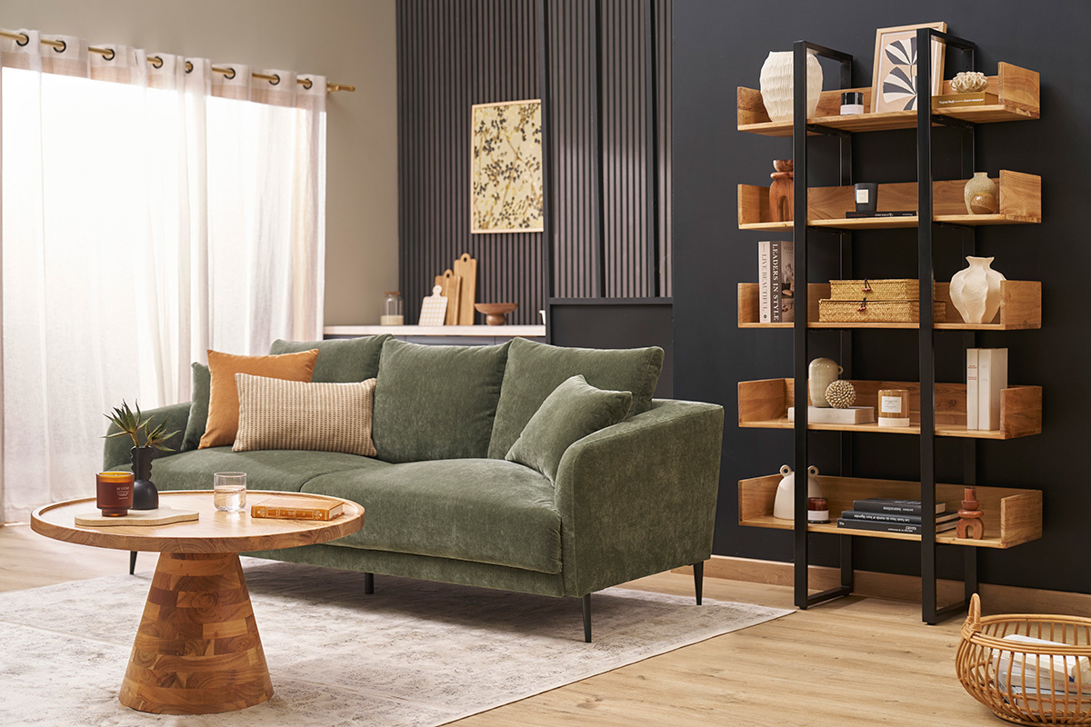 Canap design 3 places en tissu effet velours vert kaki et mtal noir JERRY