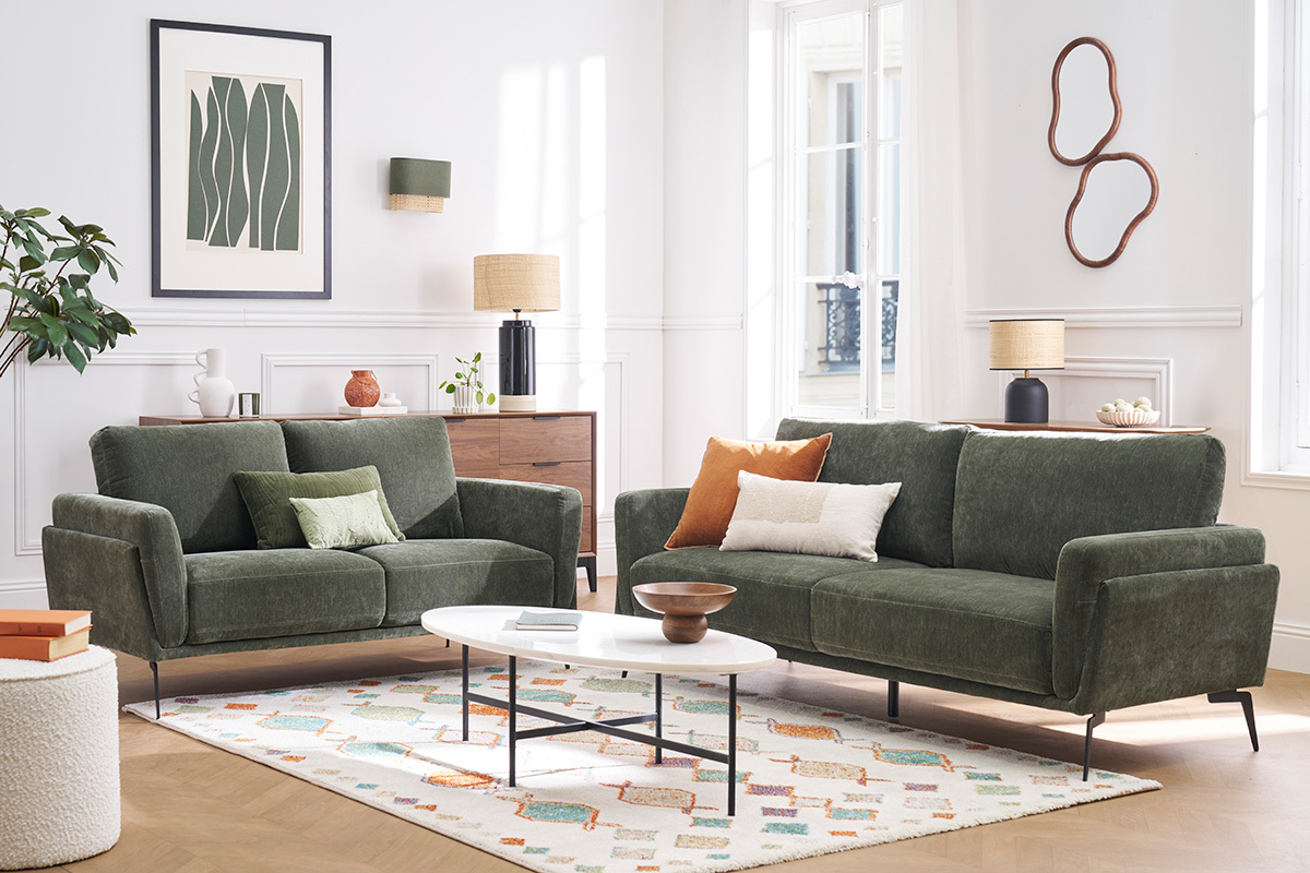 Canap design 3 places en tissu effet velours vert kaki et mtal noir MOSCO