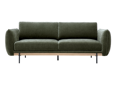 Canap&eacute; design 3 places en tissu effet velours vert kaki et m&eacute;tal noir TODD