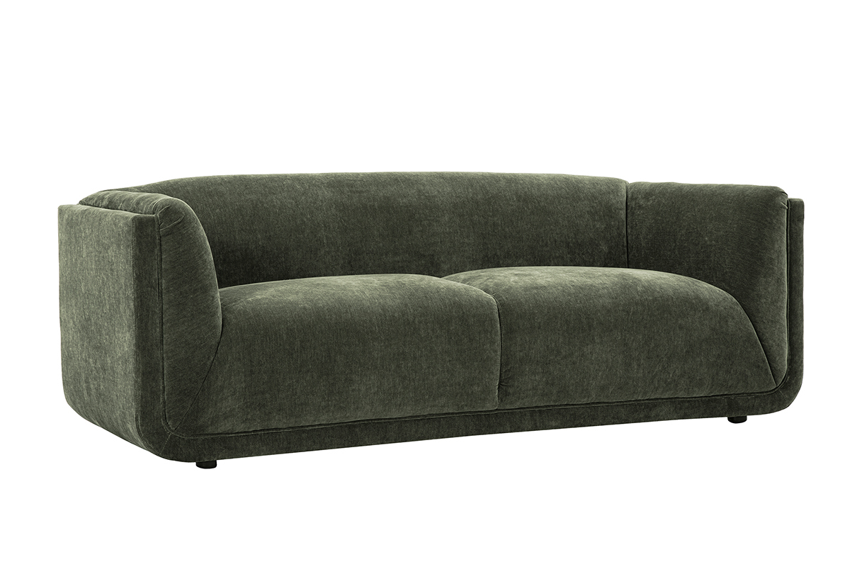 Canap design 3 places en tissu vert kaki, vue diagonale.