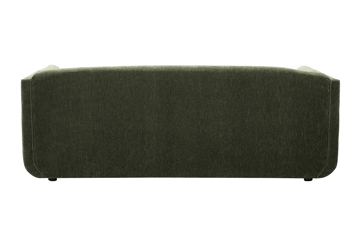 Vue arrire du canap 3 places en tissu effet velours vert kaki.