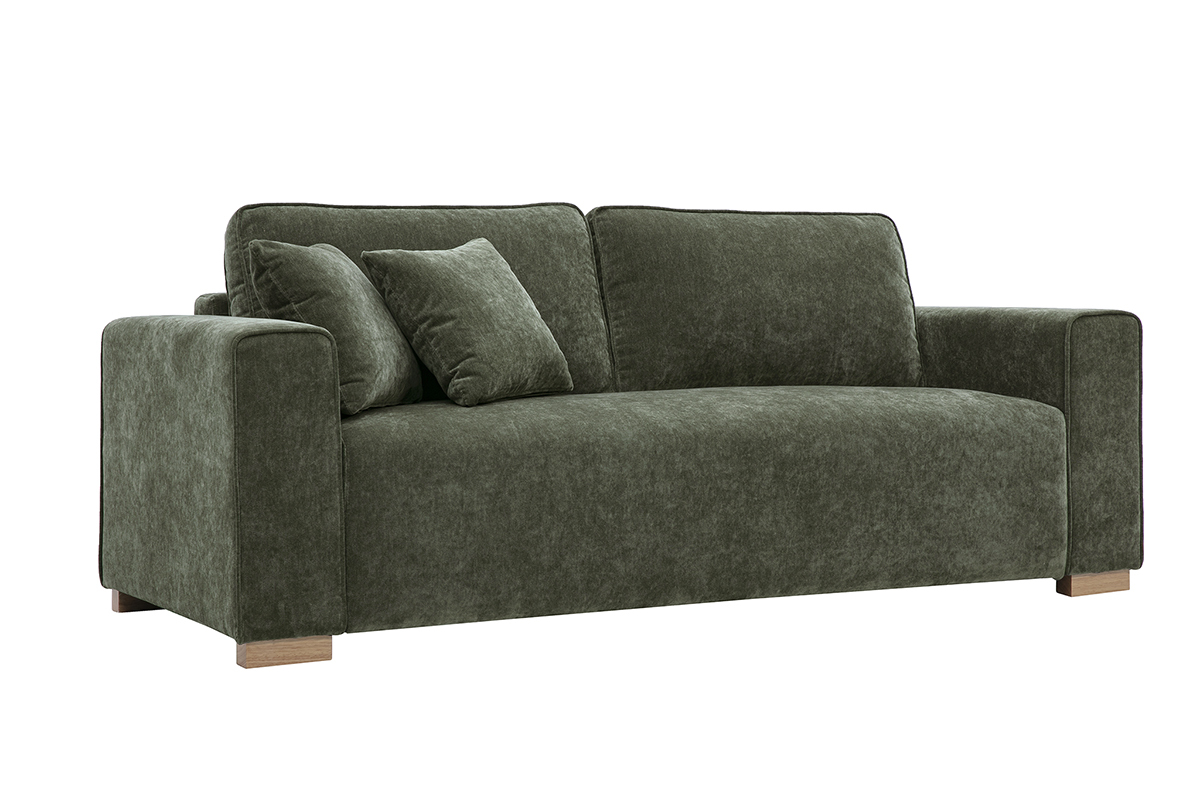 Canap design 3 places en tissu effet velours vert kaki PEPPER