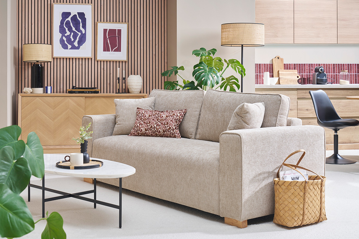 Canap design 3 places en tissu effet velours vert kaki PEPPER