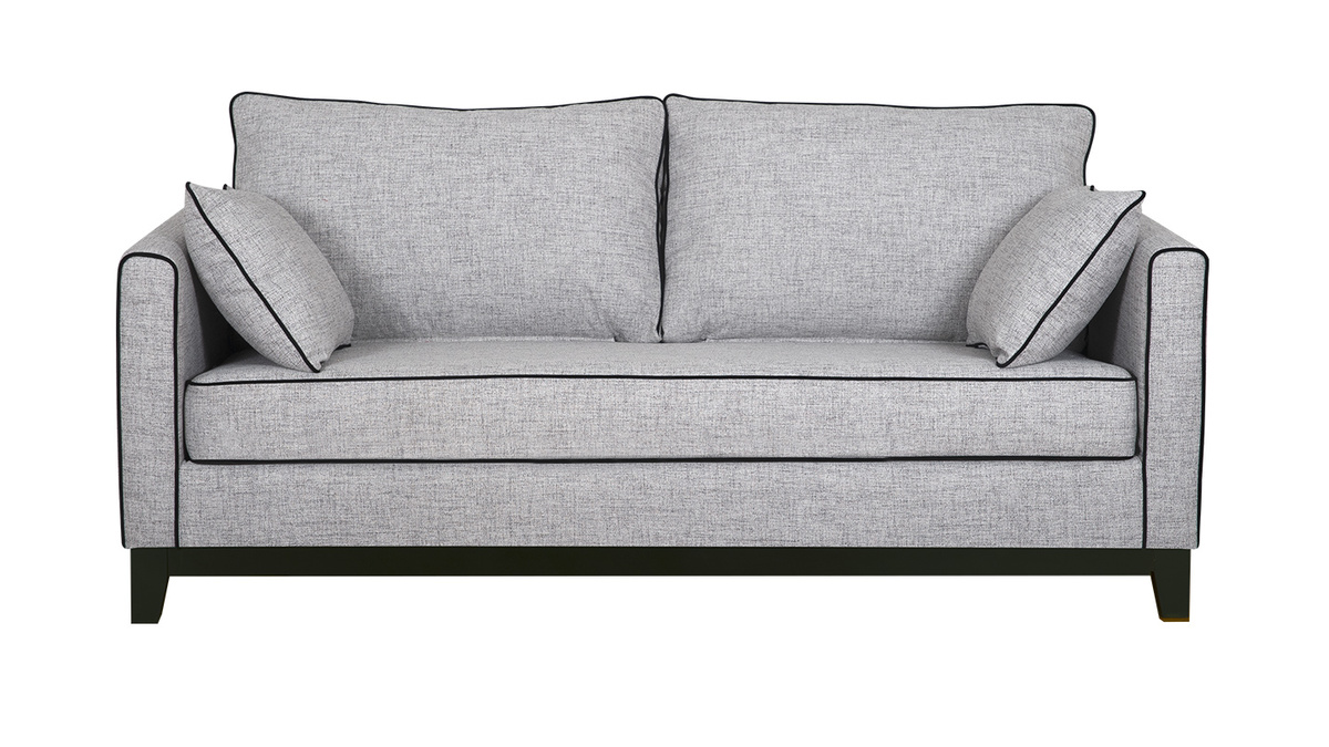 Canapé design 3 places en tissu gris chiné et velours noir HARRISON