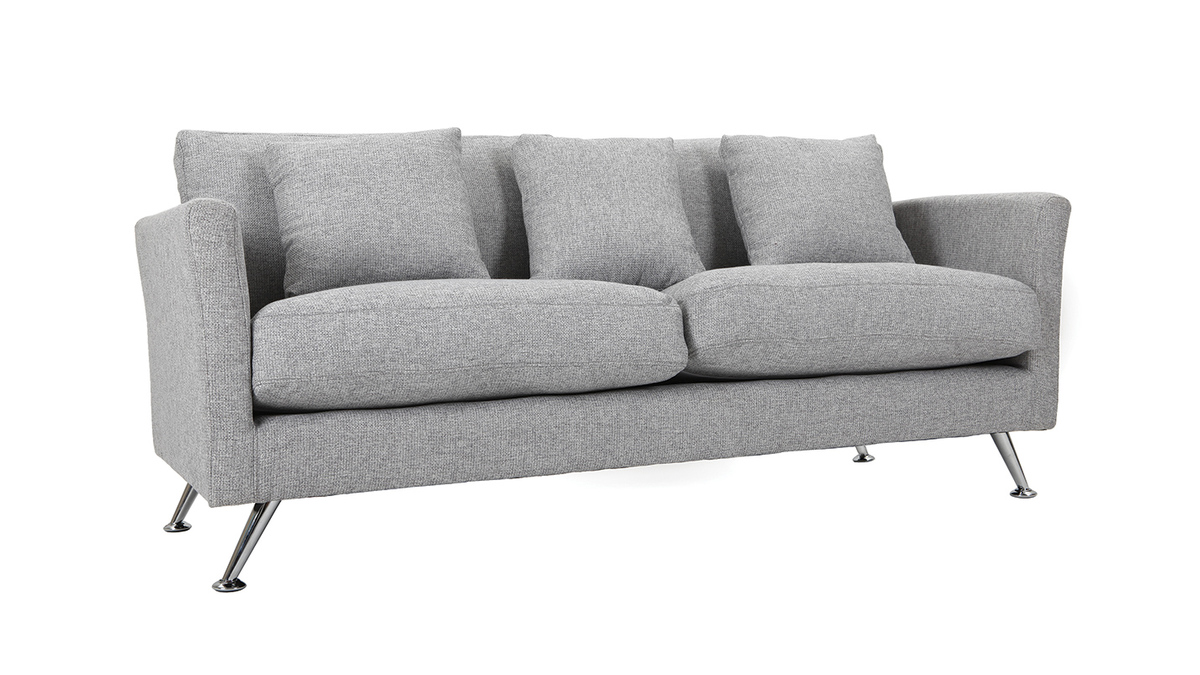 Canapé design 3 places en tissu gris clair et acier chromé  VOLUPT