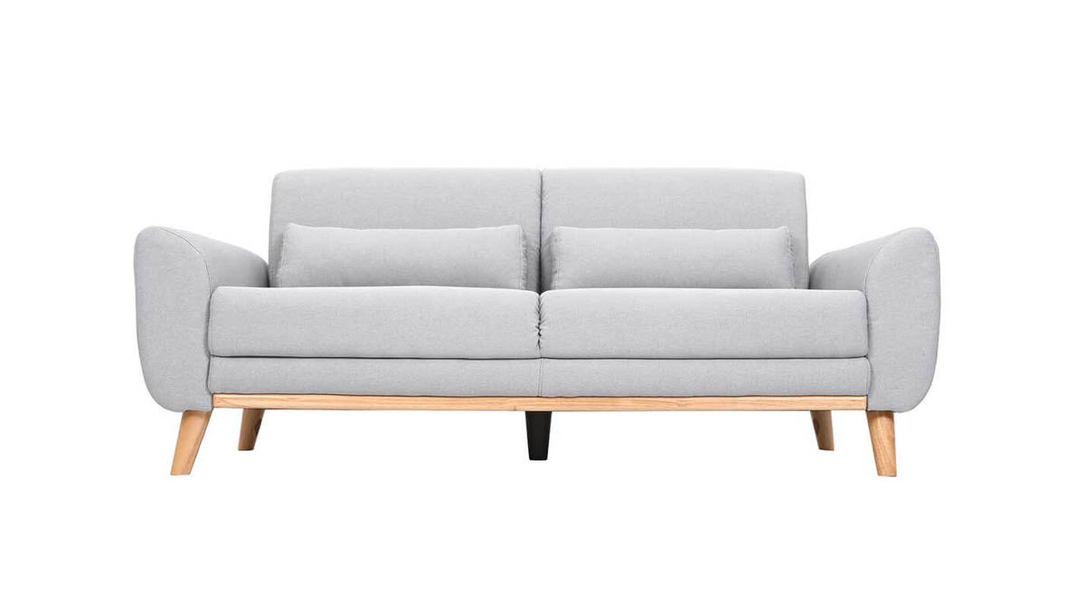 Canapé design 3 places en tissu gris clair et bois clair EKTOR
