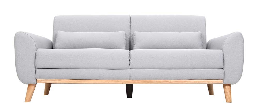 Canapé design 3 places en tissu gris clair et bois EKTOR