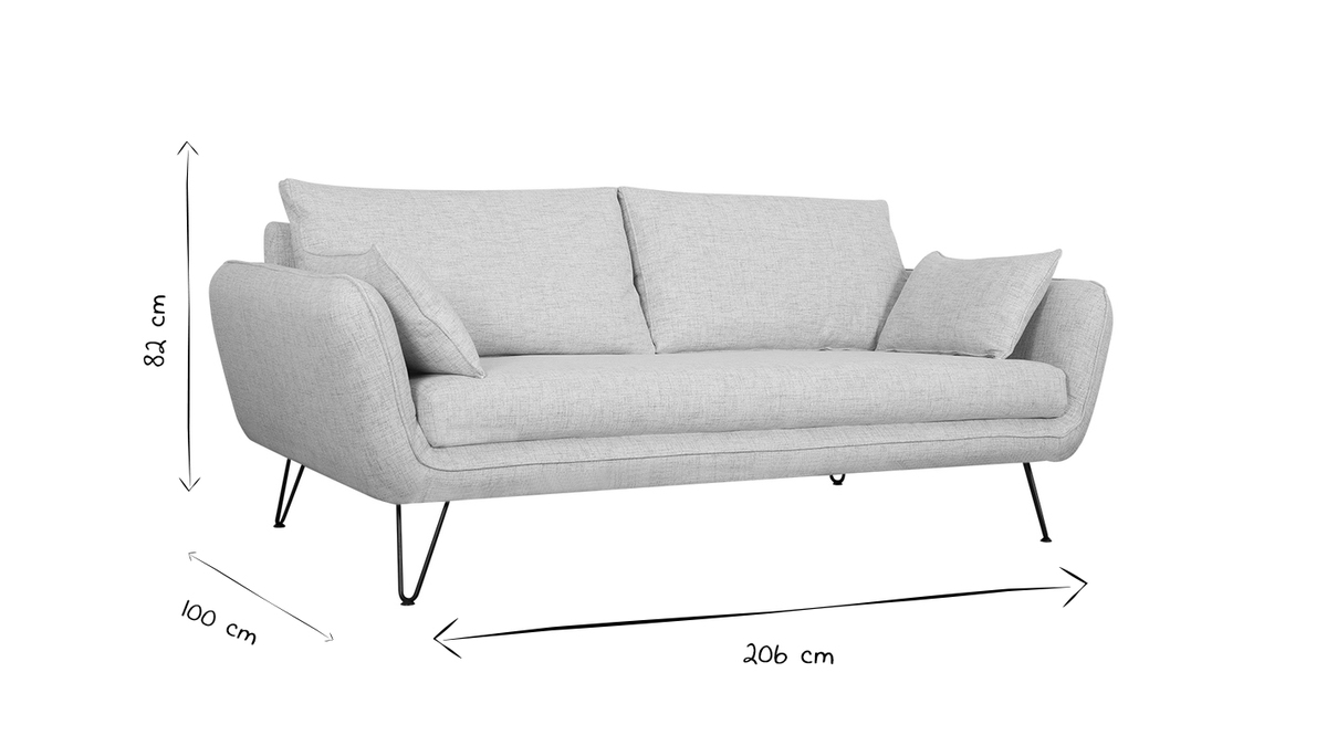 Canapé design 3 places en tissu gris clair et métal noir CREEP