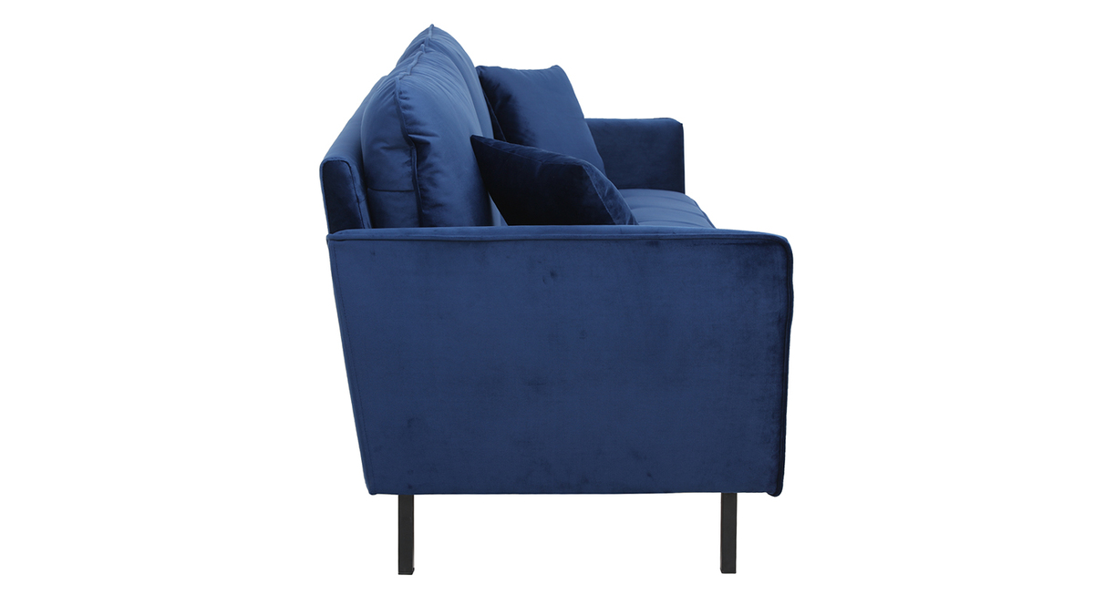 Canapé design 3 places en tissu velours bleu foncé et métal noir BEKA