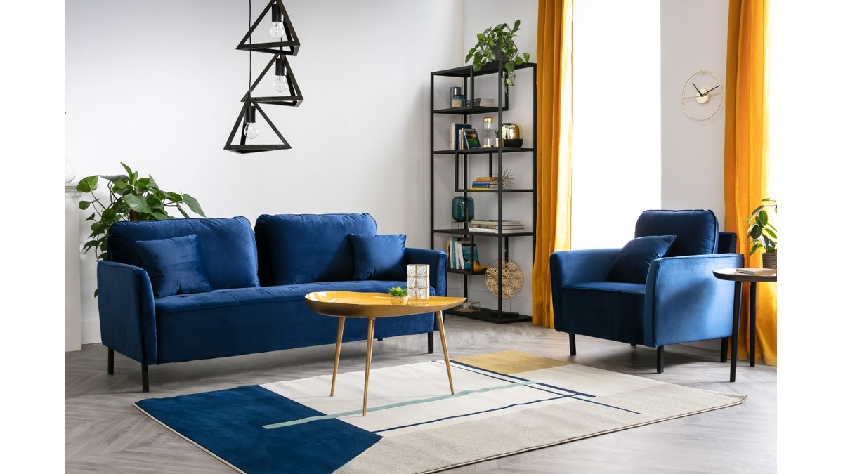 Canapé design 3 places en tissu velours bleu foncé et métal noir BEKA