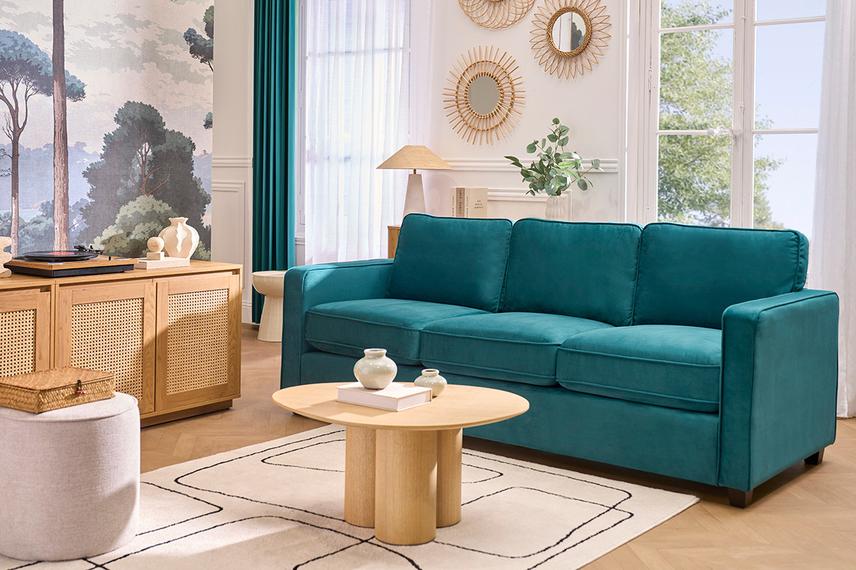 Canap� design 3 places en tissu velours bleu p�trole et bois noir BROOKLYN