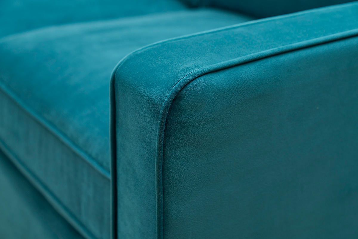 Canap� design 3 places en tissu velours bleu p�trole et bois noir BROOKLYN
