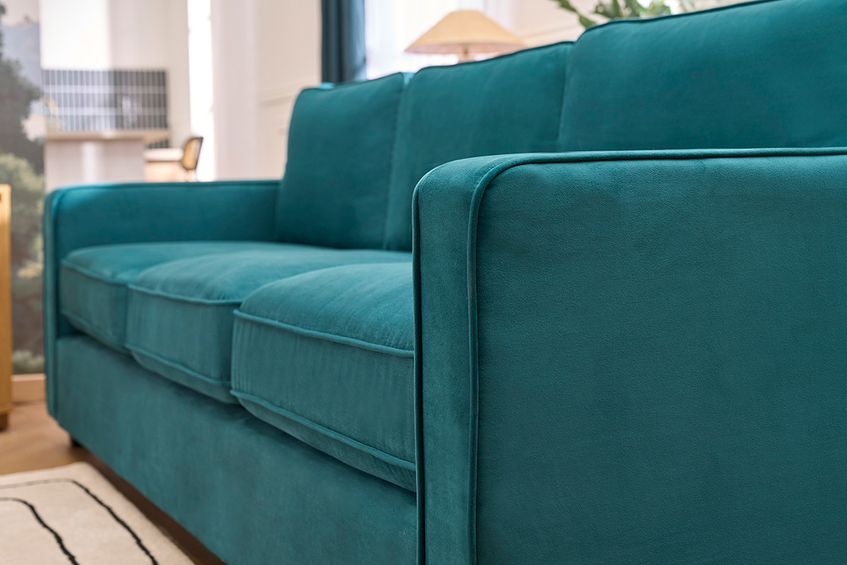 Canap� design 3 places en tissu velours bleu p�trole et bois noir BROOKLYN