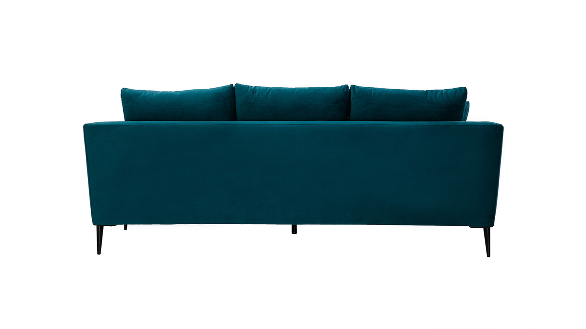 Canapé design 3 places en tissu velours bleu pétrole et métal noir JERRY