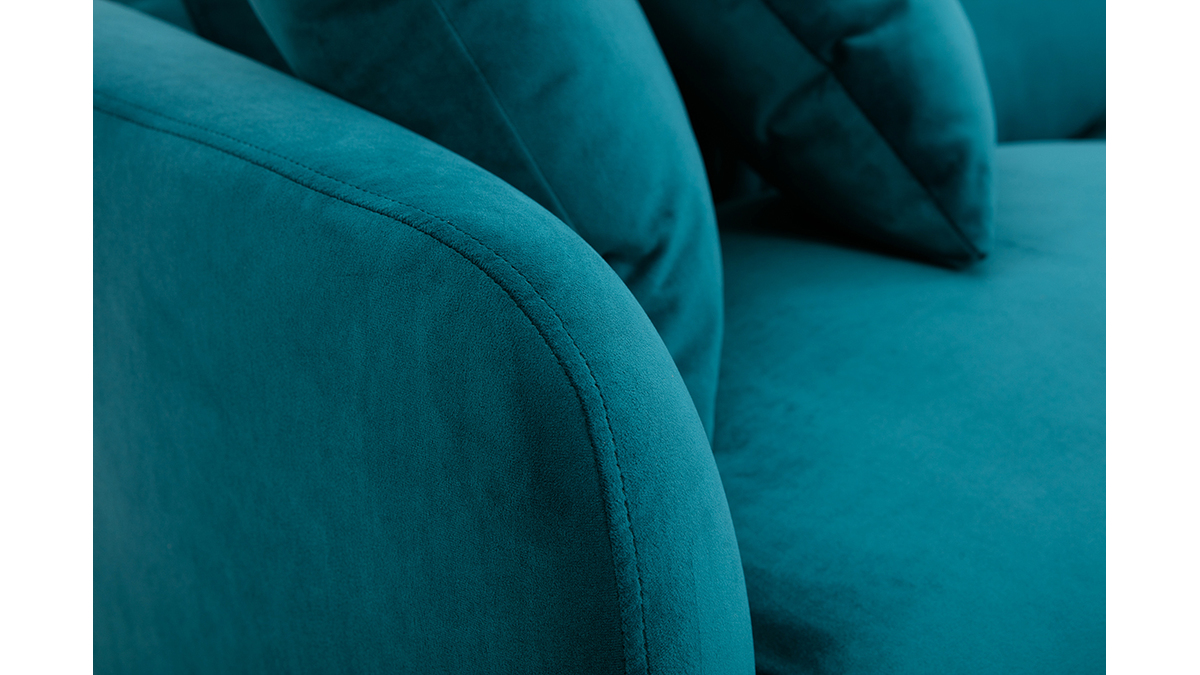 Canapé design 3 places en tissu velours bleu pétrole et métal noir JERRY