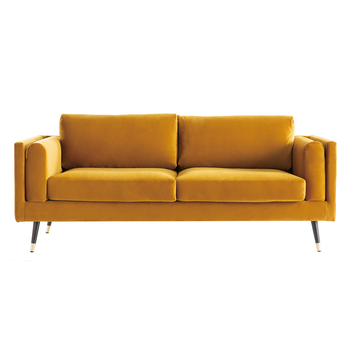 Canapé design 3 places en tissu velours jaune, bois noir et métal doré STING vue1