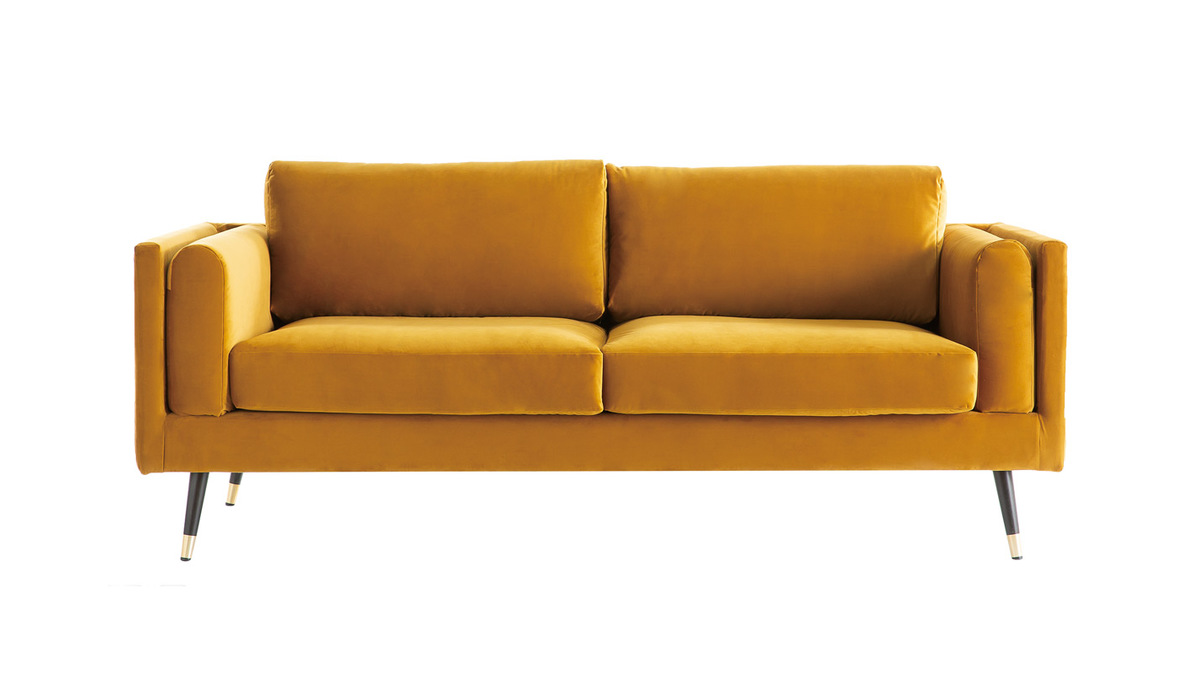 Canapé design 3 places en tissu velours jaune moutarde, bois noir et métal doré STING