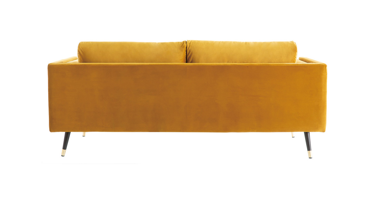 Canapé design 3 places en tissu velours jaune moutarde, bois noir et métal doré STING