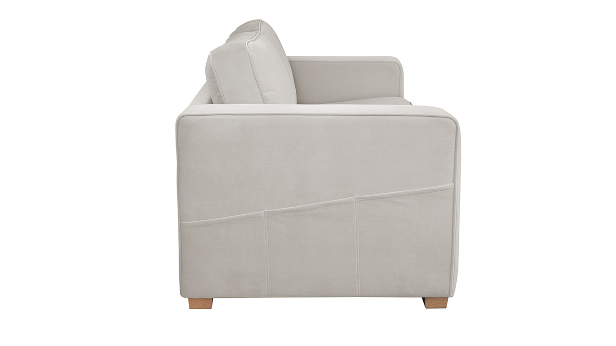 Canapé design 3 places en tissu velours mat grège et bois clair GOTTA