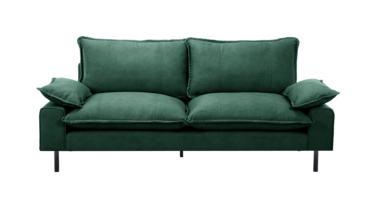 Canapé design 3 places en tissu velours vert foncé et métal noir DORY
