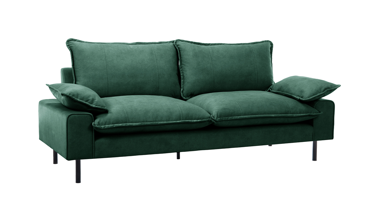 Canapé design 3 places en tissu velours vert foncé et métal noir DORY