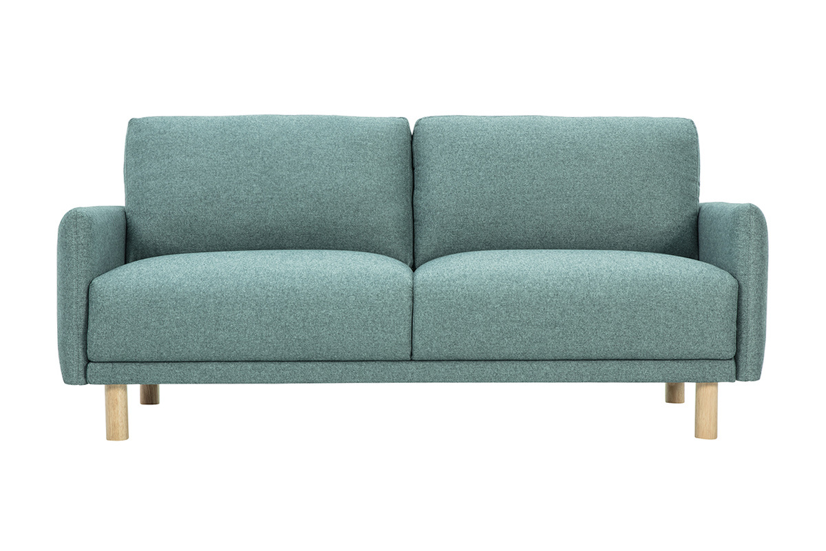 Canap� 3 places en tissu vert de gris avec pieds en bois clair, vue de face.