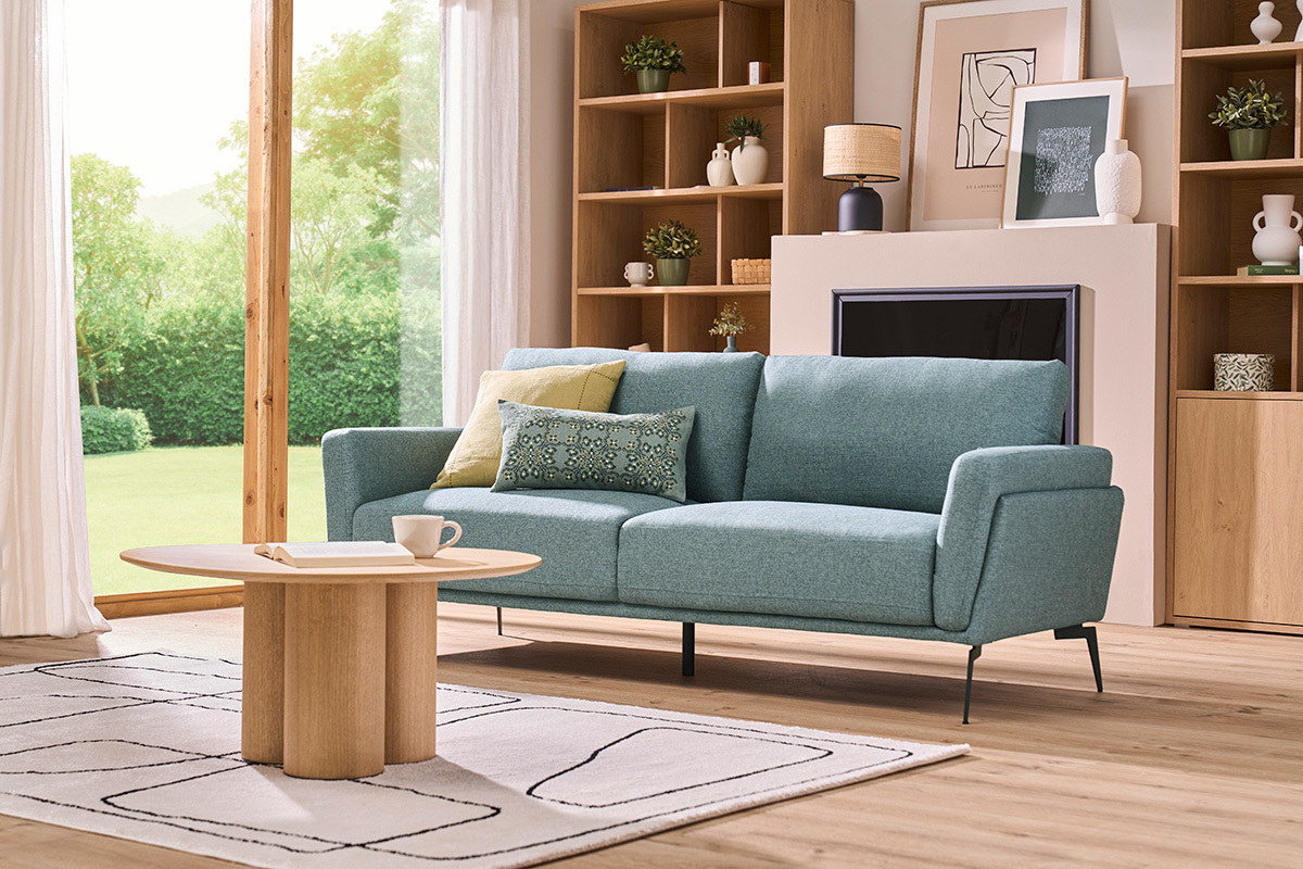 Canap design 3 places en tissu vert de gris et mtal noir MOSCO