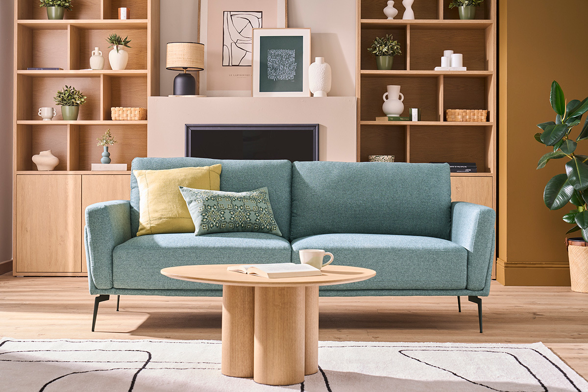 Canap design 3 places en tissu vert de gris et mtal noir MOSCO