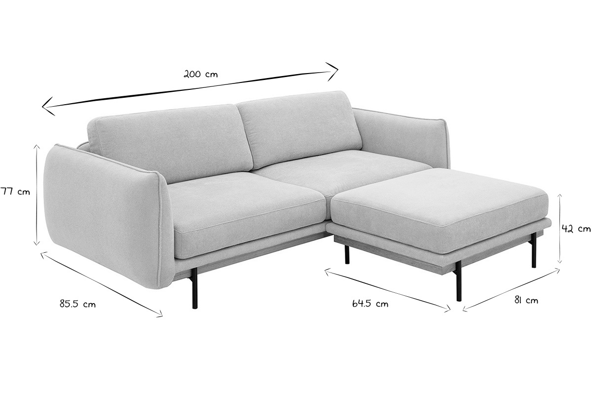 Dimensions du canap TODD 3 places avec repose-pieds, en noir et blanc.