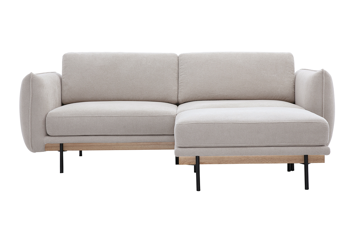 Canap 3 places en tissu beige avec repose-pieds et pieds en mtal noir, vue de face.