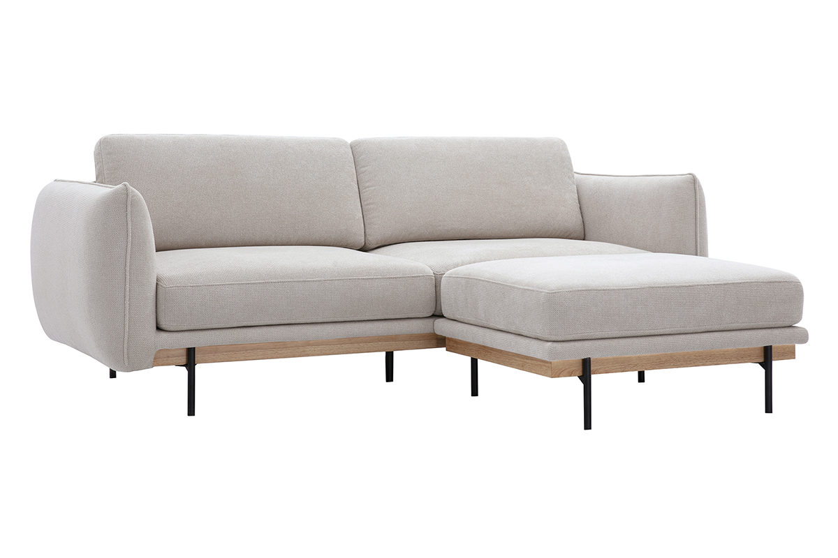 Canap 3 places beige avec repose-pieds, pieds en mtal noir, base en bois, vue de 3/4.