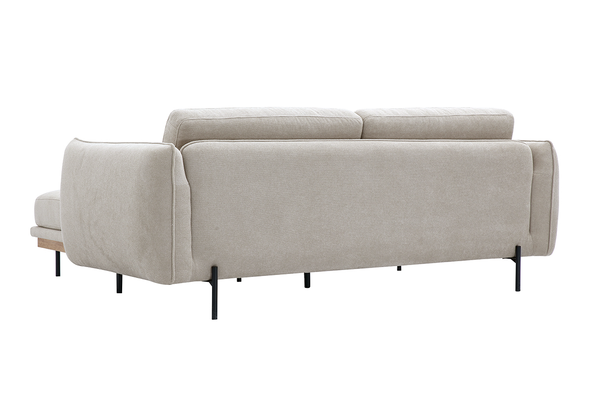 Canap beige 3 places et repose-pieds, vue de dos, tissu chenille, pieds mtal noir.