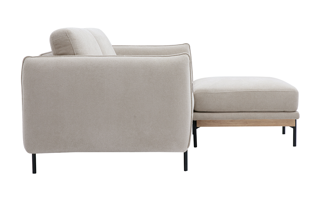 Canap design 3 places en tissu beige avec repose-pieds, vue de ct, pieds en mtal noir.