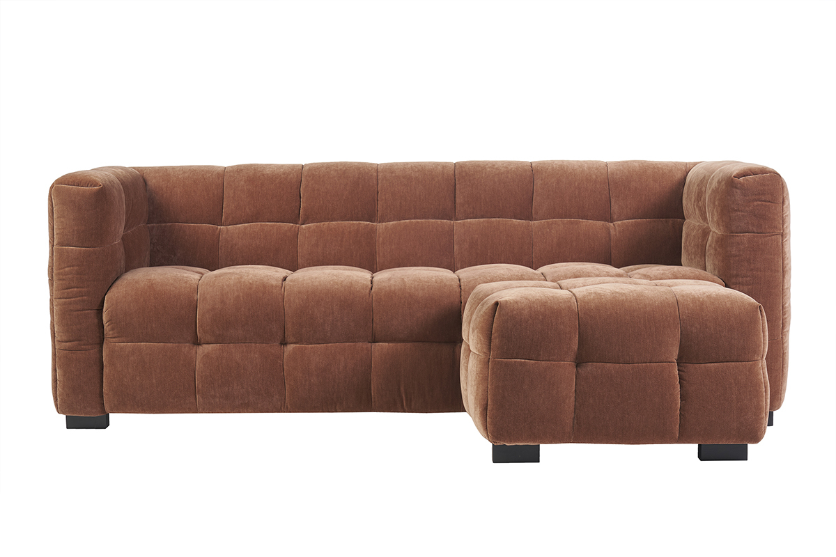 Canap design 3 places et repose-pieds en tissu effet velours terre brle CORTO