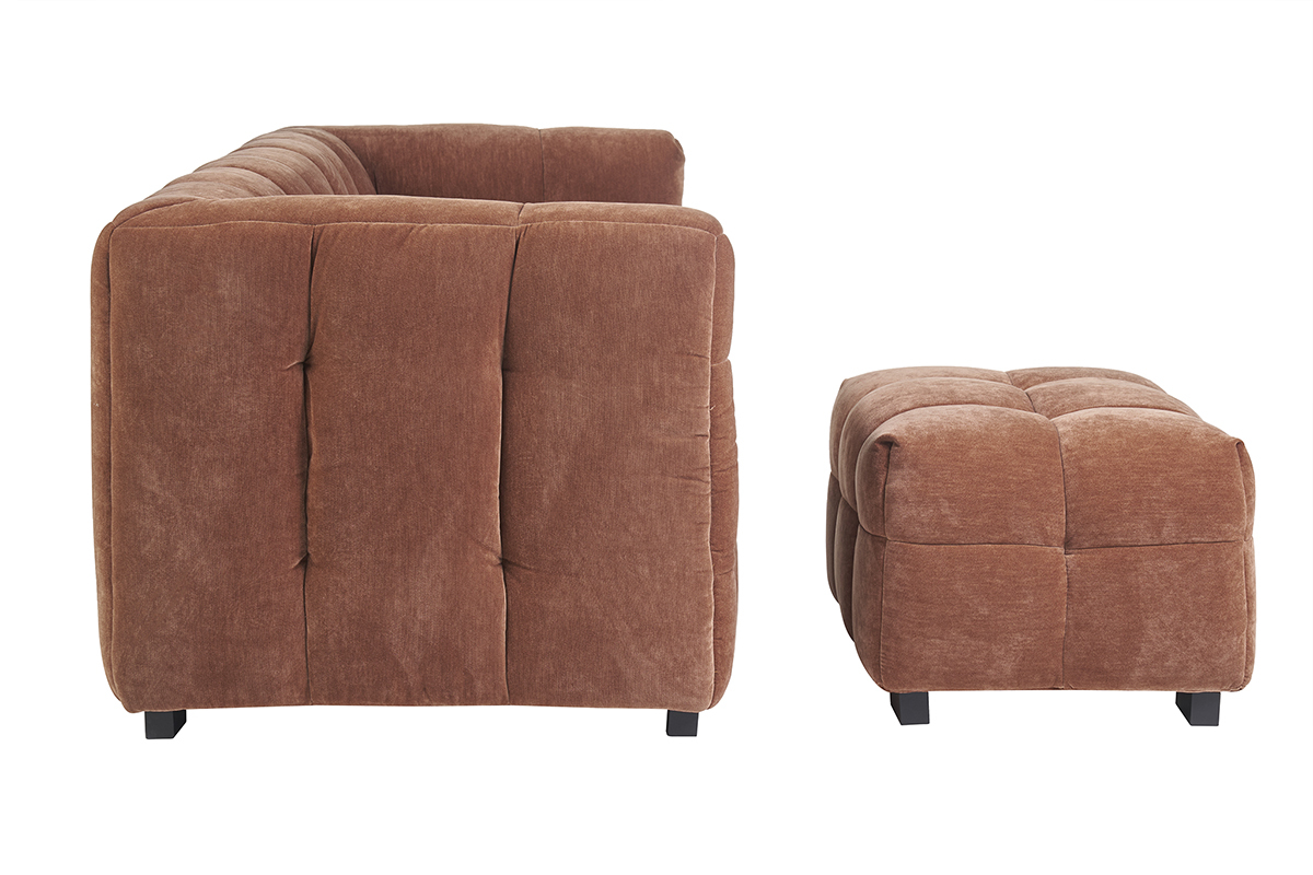 Canap design 3 places et repose-pieds en tissu effet velours terre brle CORTO