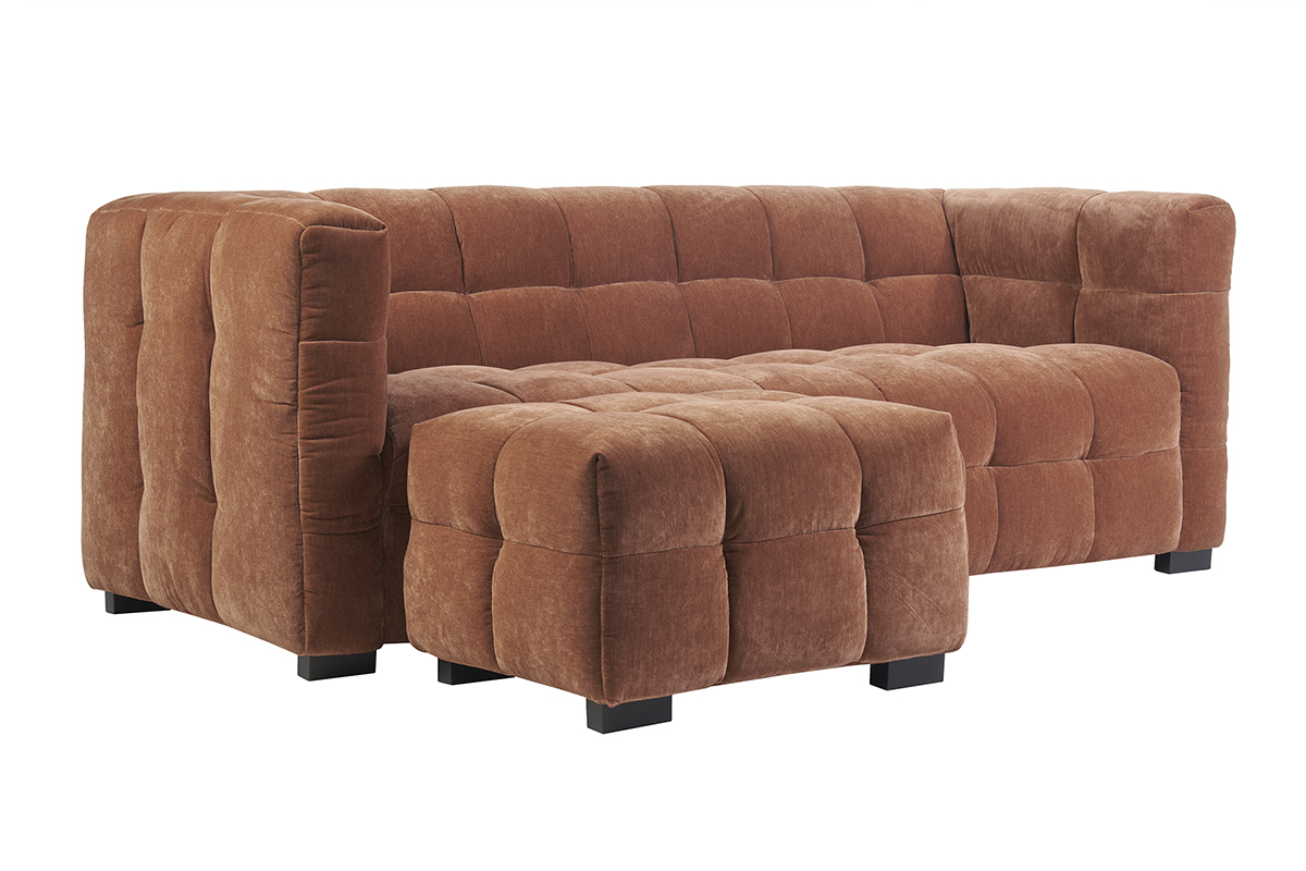 Canap design 3 places et repose-pieds en tissu effet velours terre brle CORTO