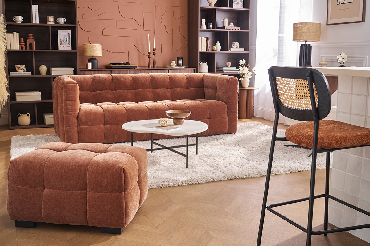 Canap design 3 places et repose-pieds en tissu effet velours terre brle CORTO