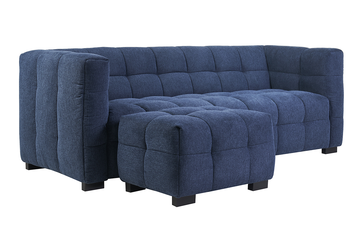 Canap design 3 places et repose-pieds en tissu effet velours textur bleu fonc CORTO