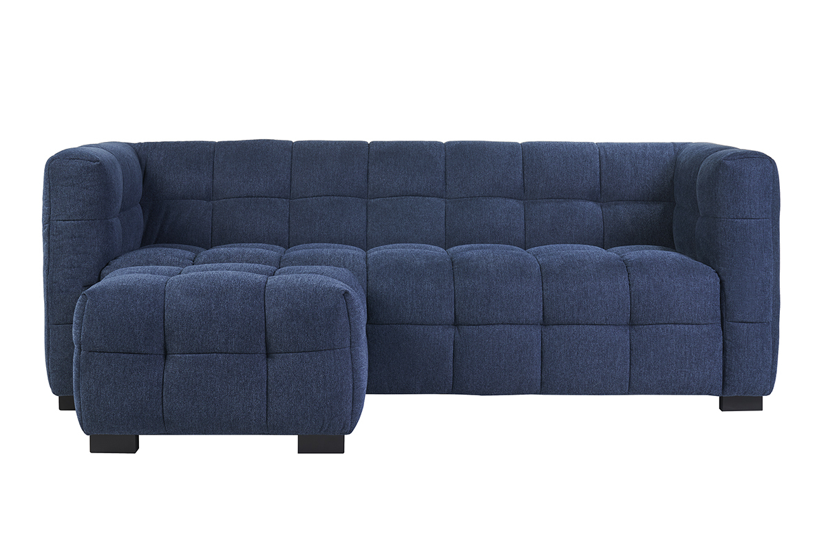 Canap design 3 places et repose-pieds en tissu effet velours textur bleu fonc CORTO