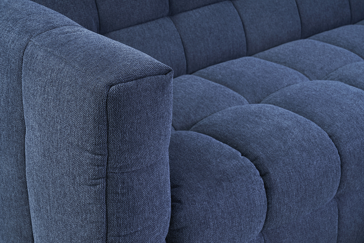 Canap design 3 places et repose-pieds en tissu effet velours textur bleu fonc CORTO