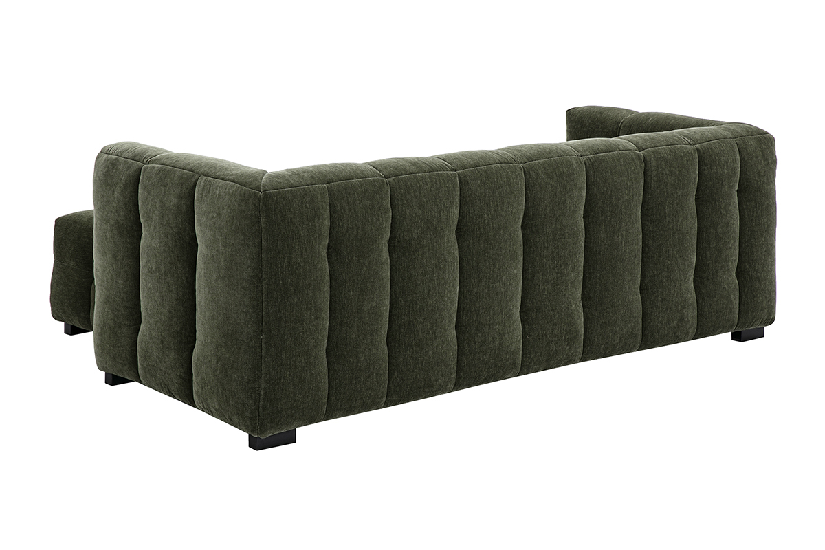 Canap design 3 places et repose-pieds en tissu effet velours vert kaki CORTO